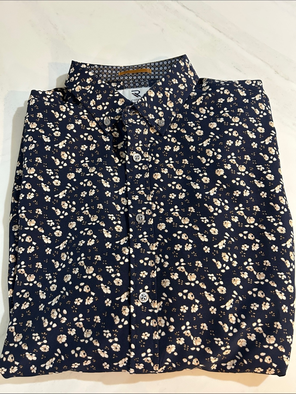 Men's Navy Floral Button-Down Shirt with Cream Print